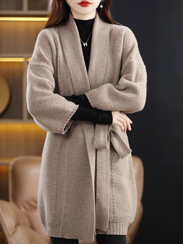 Cashmere cardigan women's long fashion V-neck sweater 100% Merino wool twisted long coat thick coat in autumn and winter