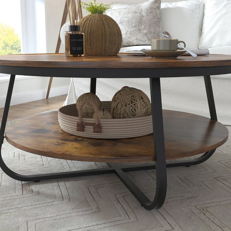 Mesa de café redonda com armazenamento aberto, mesa rústica do acento com pés resistentes do metal, mesa de madeira do sofá para a sala, 38,5"