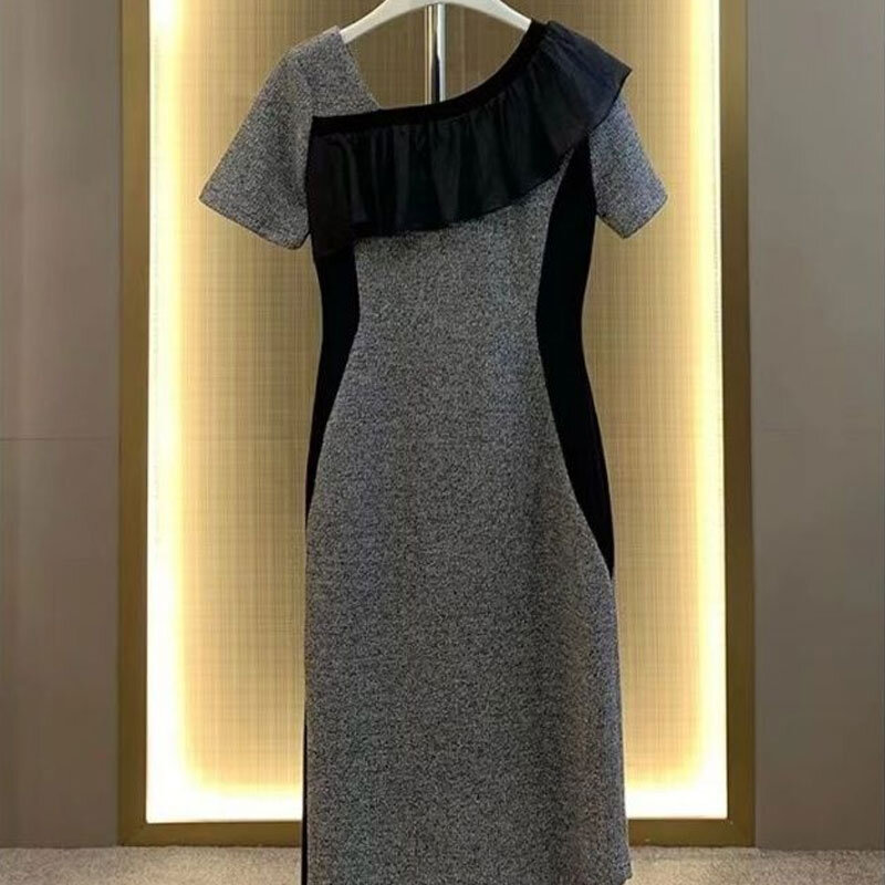 Elegancka sukienka midi z falbankami Odzież damska Stylowy patchwork Asymetryczny 2024 Letnie koreańskie sukienki z krótkim rękawem z fałdami