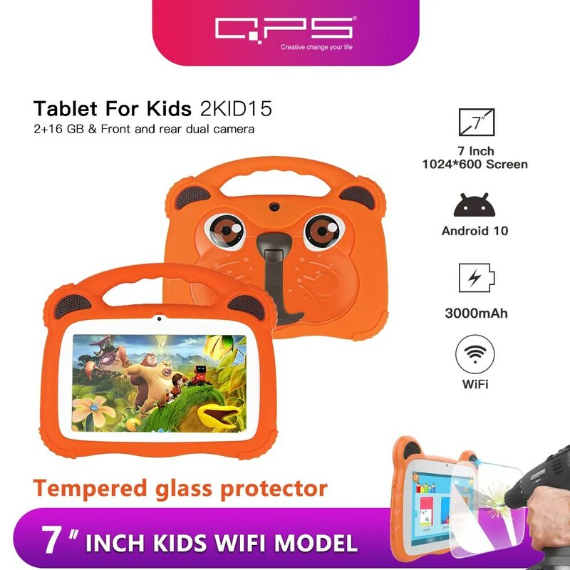 안드로이드 어린이 학습 태블릿, 태블릿 보호 슬리브 및 강화 필름 포함, 쿼드 코어, 안드로이드 10, 3000mah, 16GB, 7 인치