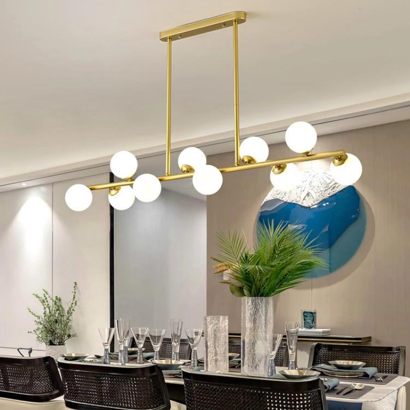 Nordic Long Strip Chandelier com bola de bolha, luzes LED penduradas, lâmpada criativa, Magic Bean, moderno, minimalista, simples, ferro, restaurante, G9