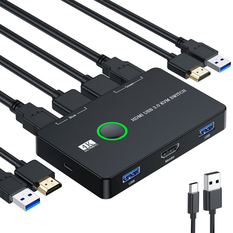 KVM-Commutateur HDMI USB 3.0 pour 2 souris et clavier d'imprimante GrowSharing vers un moniteur HD, prise en charge 4K @ 60Hz