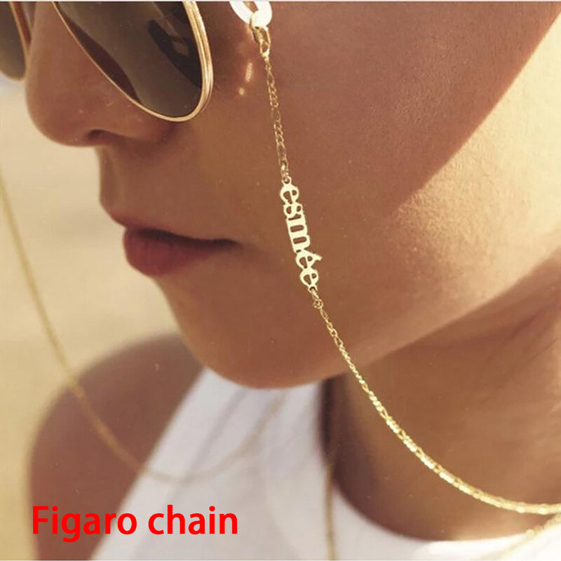 Mini-2022 do mundo novos óculos de sol cadeias de mascaramento para as mulheres personalizado jóias de aço inoxidável nome personalizado óculos cadeia cordão
