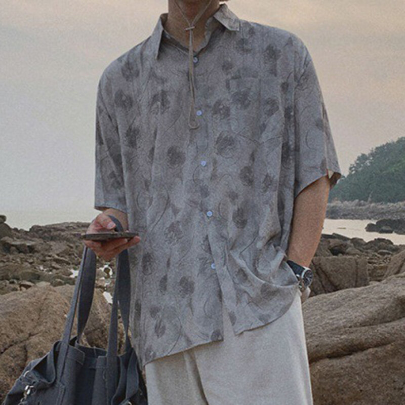 IEFB-Camisa floral masculina, manga curta, peito único, lapela, casual, solta, design de nicho, roupa masculina na moda, verão, nova, 9C5929, 24