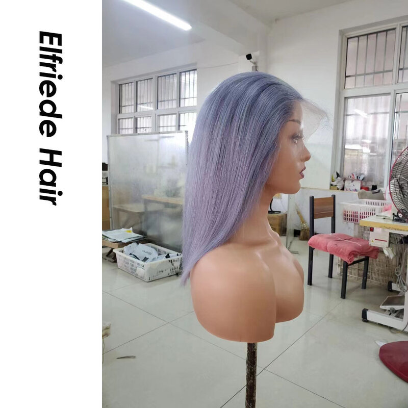 Elfriade-Peluca de cabello humano liso con cierre Frontal para mujer, pelo corto recto Bob, color gris, 4x4, 13x4, 13x6
