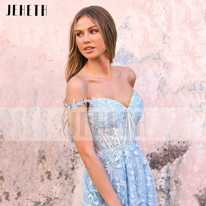 Элегантное Тюлевое платье JEHETH небесно-голубого цвета с открытыми плечами для выпускного вечера с кружевной аппликацией трапециевидного силуэта вечернее платье до пола