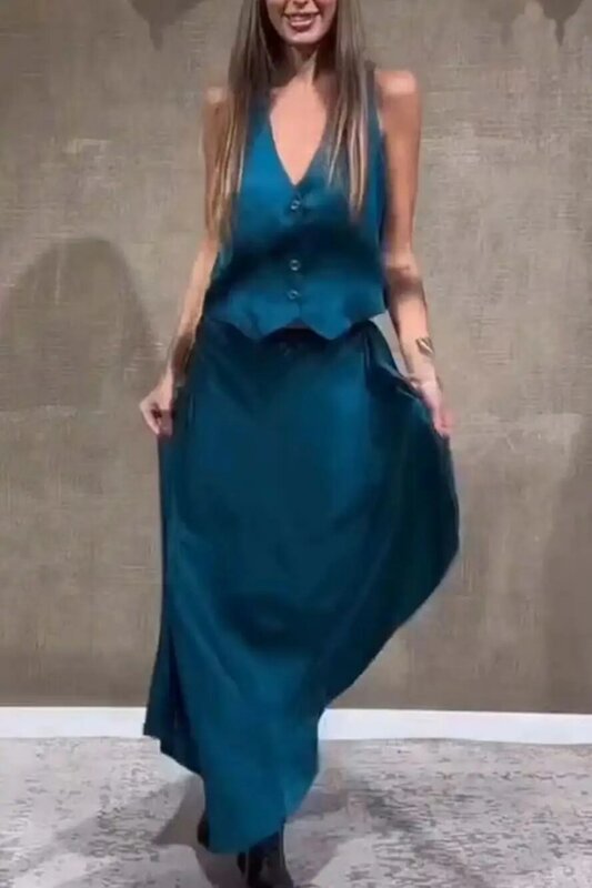 2024 Modna drapowana satynowa spódnica Camisole Top Dwuczęściowy zestaw spódnic dla kobiet Sukienki maxi dla kobiet