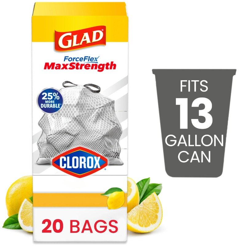 Glad ForceFlex MaxStrength con Clorox bolsas de basura de cocina de 13 galones, lejía fresca de limón, 20 bolsas