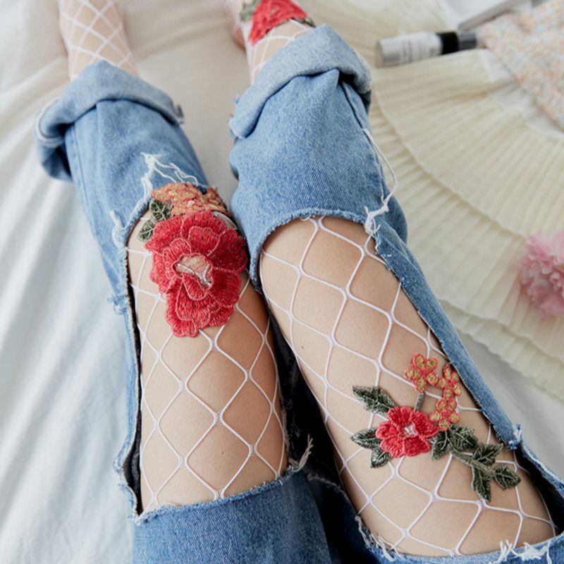 Senhora Sexy Transparente Arrastão Calças Justas De Seda Malha Meia-calça Mulheres Bordados Flores