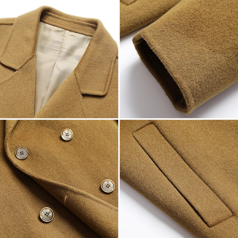 Mantel panjang pria, jaket Luaran warna polos dengan kancing dua baris, mantel musim gugur dan musim dingin untuk pakaian bisnis sehari-hari