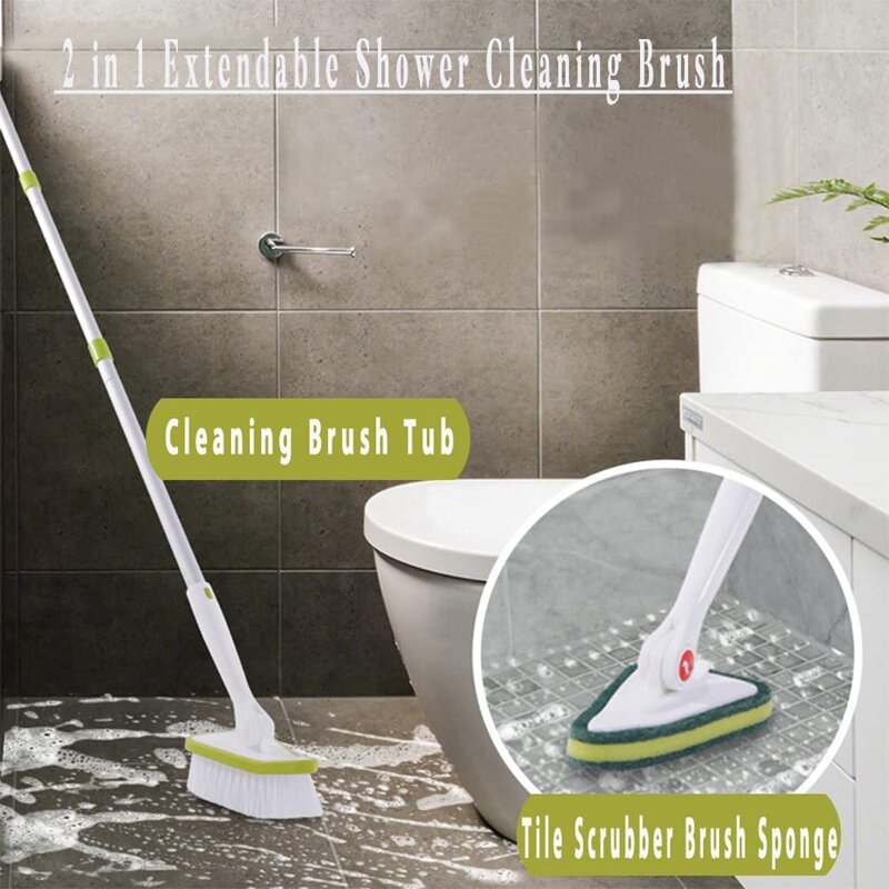 Banheira extensível e purificador de azulejos Escova de limpeza do chuveiro do punho longo, 2 em 1 cerdas duras esfrega e esfrega esponja