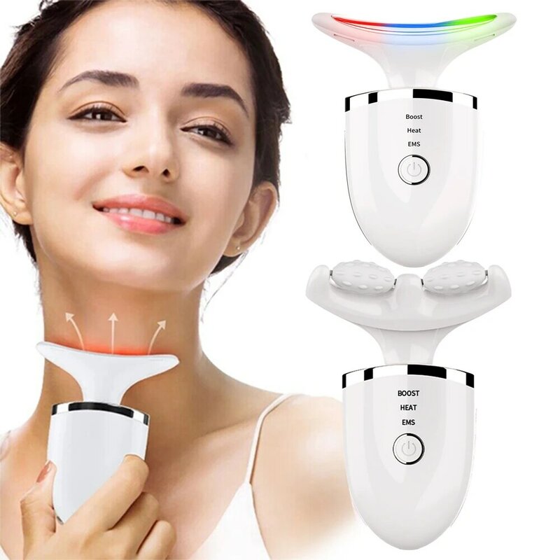 Masajeador de estiramiento de la piel para cuello y cara, máquina de Guasha para la piel con luz led de 3 colores, dispositivo de belleza EMS
