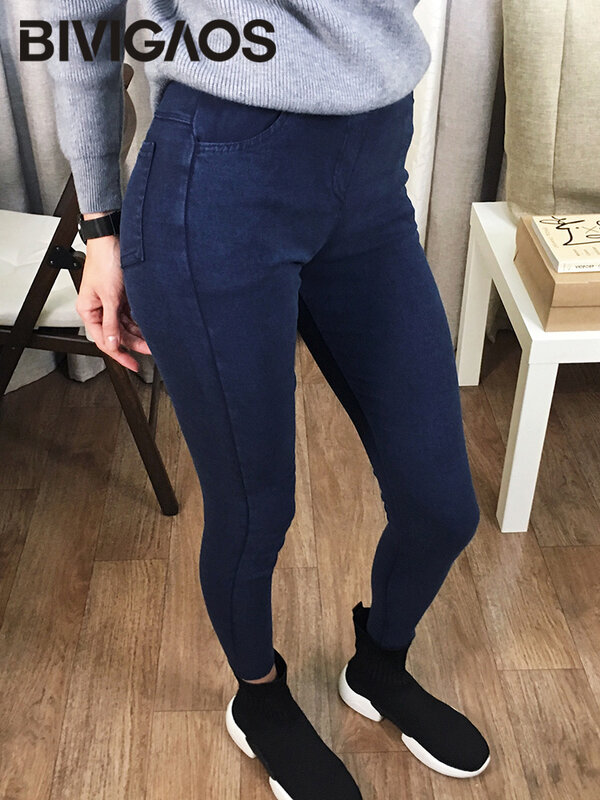 Bivigaos moda feminina básica casual fino estiramento jeans leggings lápis calças finas magras jeggings coreano das mulheres roupas