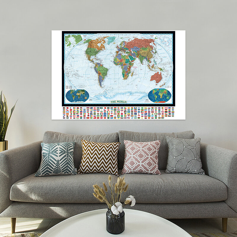 Peta fisik dunia 150x100cm dengan penutup tanah dunia dan peta darat non-tenun dengan bendera negara untuk pendidikan
