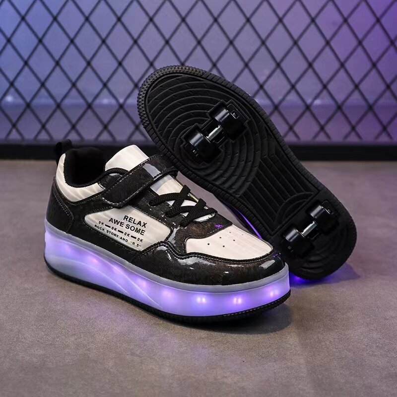 USB Charging Children Gifts Fashion LED Light Roller Skate Shoes Girls Boys Kids Walking Sneakers With Four Wheels Deformation
