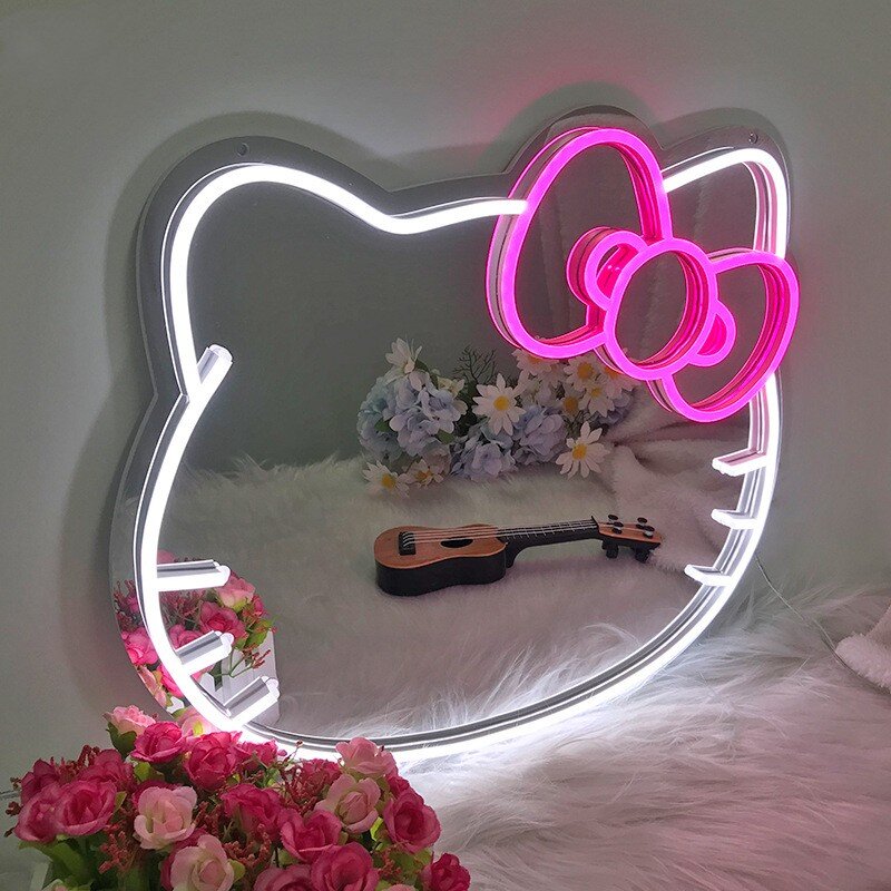 Spiegel führte Leucht reklame Lichter für Mädchen Raum dekor Lampe Party Kunst Wand dekoration Liebe Rechteck Hallo Kitty Form Neons piegel