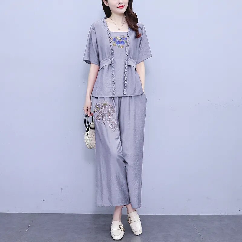 Retro National Style Embroidery Fashion Short Sleeved T-Shirt + Wide-Leg pants Suit Summer Plus Size Loose Two-Piece 2PCS
