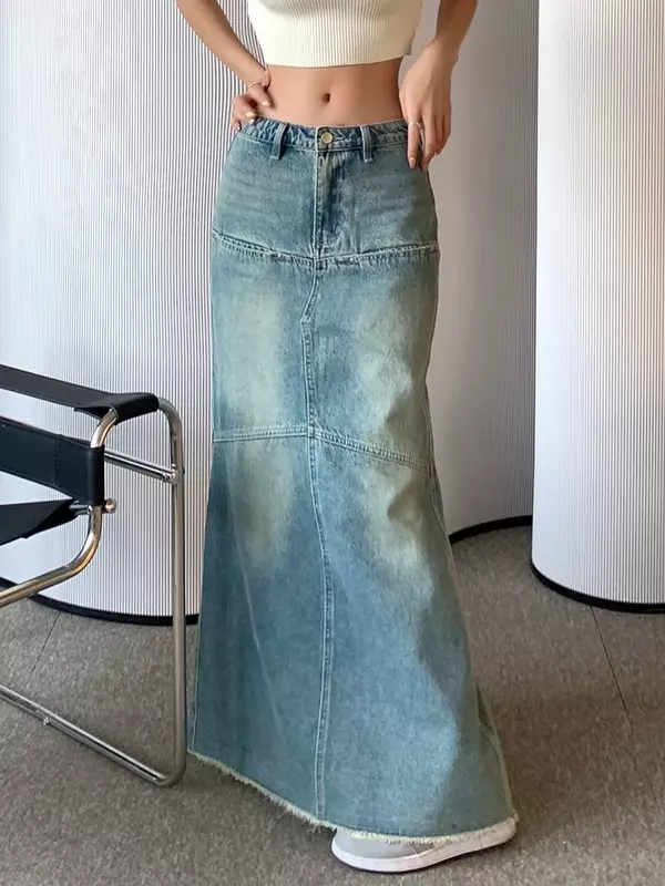 Saia vintage jeans azul para mulheres, estilo streetwear casual, cintura alta irregular, saias longas de sereia feminina, Y2K, 2024