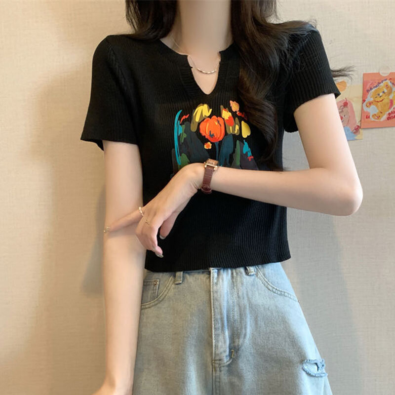 Корейская Модная вязаная футболка с принтом, женская летняя Мягкая трикотажная одежда, футболки с коротким рукавом, Женская облегающая футболка, топы