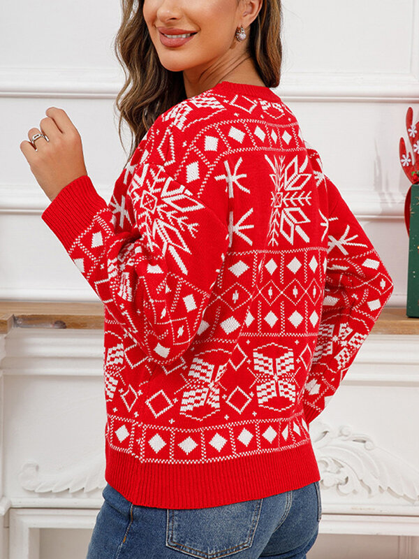 Sweater natal wanita, atasan rajut Pullover leher bulat lengan panjang motif grafis kepingan salju klasik