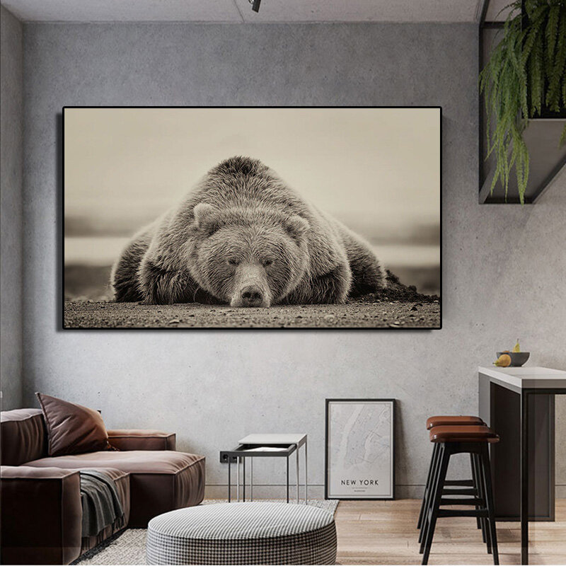 Póster de pared de Animal moderno, imagen artística de oso tumbado en el suelo, pintura en lienzo, impresión decorativa para decoración del hogar de la sala de estar