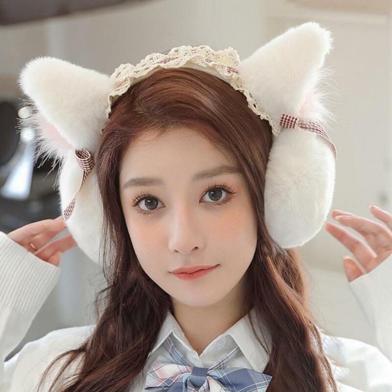 Penutup telinga kucing, Earmuff dapat dilipat bentuk telinga kucing warna Solid gaya Lolita tetap hangat Anti-slip bulu palsu penutup telinga musim dingin