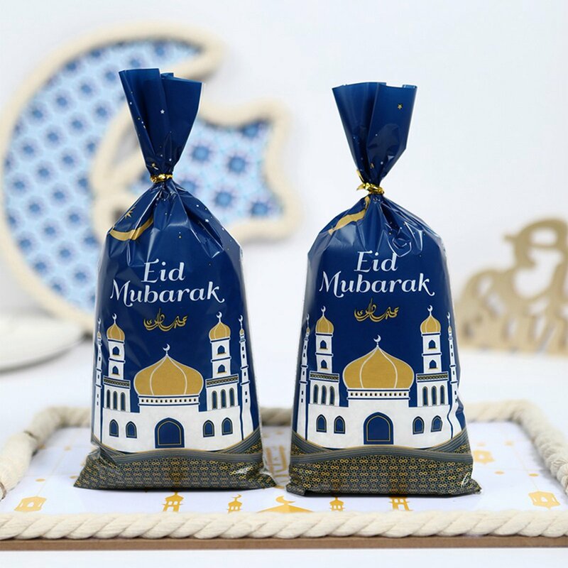 25/50/100pcs Eid Mubarak sacchetti di imballaggio regalo sacchetti di caramelle per biscotti in plastica Kareem Ramadan Decor 2024 forniture per feste musulmane islamiche