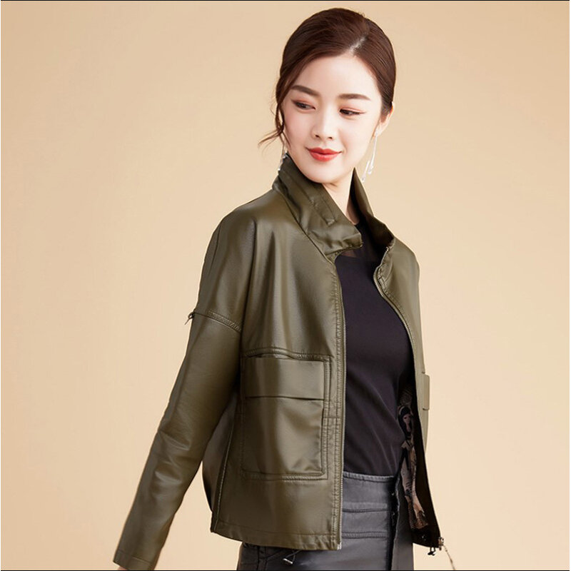 Jaqueta curta de couro solta feminina, pele de carneiro, colarinho em pé, novo estilo coreano, elegante, primavera e outono, 2023