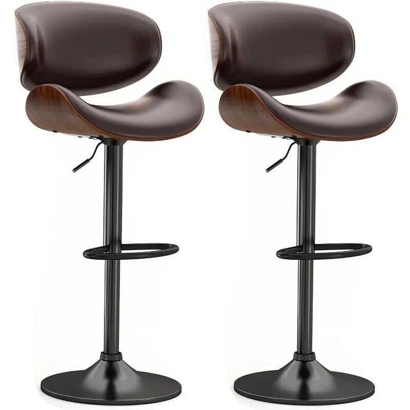 Swivel Bar Stools Set of 2 for Kitchen Counter, Adjustable Bentwood Barstools, Modern PU Leather Upholstered Bar Chair