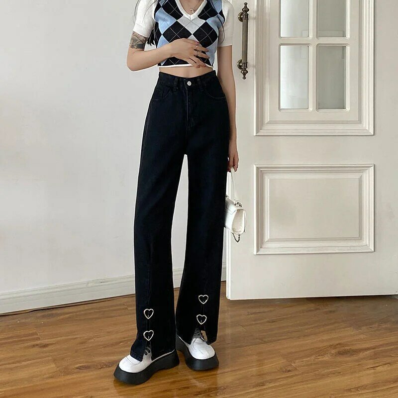 ILARES-Calça larga de cintura alta feminina, jeans grande, moda coreana, capris, roupas de perna larga, tendência de streetwear, 2022