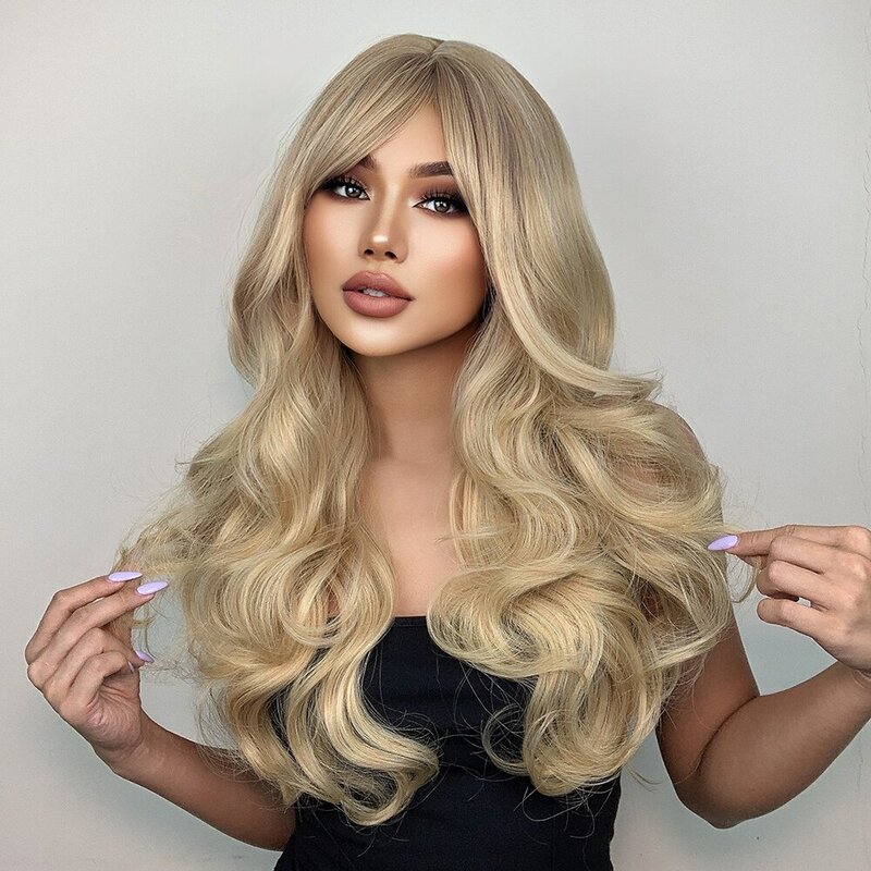 Natural Blonde Yellow Long Wavy Synthetic Hair Wigs with Bangs Women Body Wave Afro Female Wigs Cosplay Daily Hair