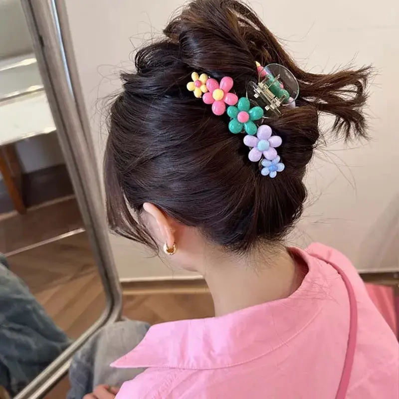 Korean Colorful Color Flower Cross Hair Clip for Women Cute Large Shark Clip Ponytail Barrette Crab Headwear Hair Accessories