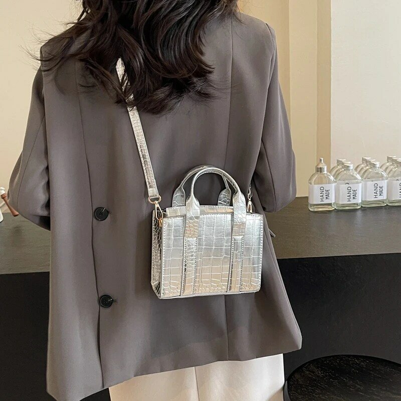 女性用合成皮革ショルダーバッグ,ミニストーンパターン,かわいいデザイナーハンドバッグ,モノクロゴールド,韓国のファッション,2024