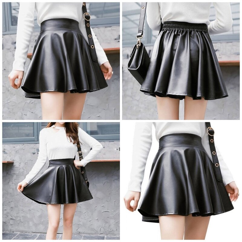 Womens Autumn PU Faux Leather Elastic High Waist A-Line Short Skirt Solid Color Pleated Flared Casual Mini Dropship