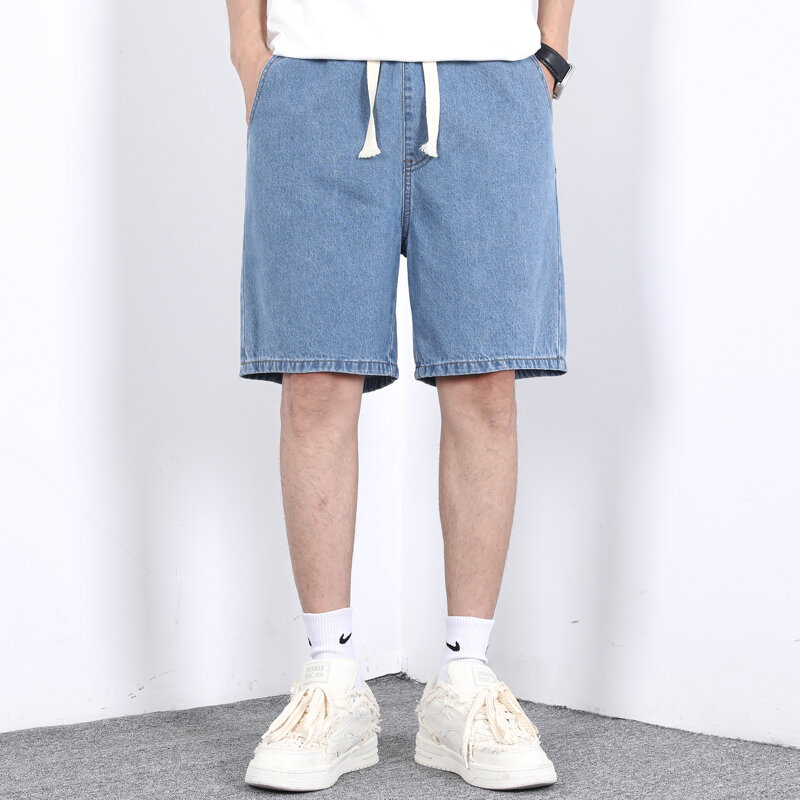 2024 nuovo minimalista confortevole estate tinta unita tasca sottile da uomo elastico in vita con coulisse pantaloncini di jeans dritti Casual larghi