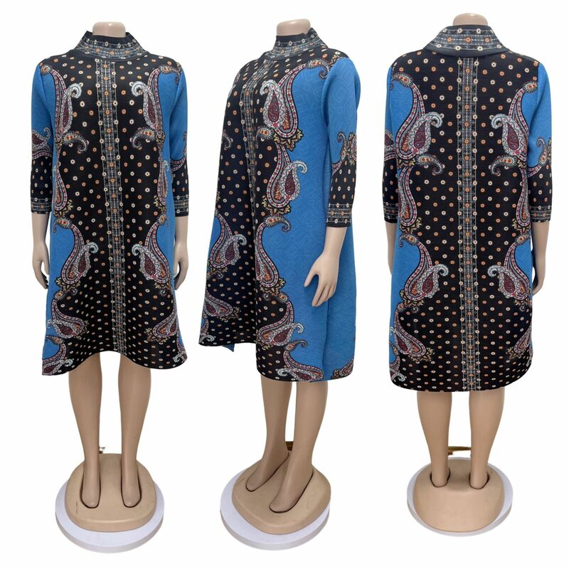 여성 플리츠 아프리카 통근 드레스, 유럽 및 미국 2023, 신상 프린트, 053 #