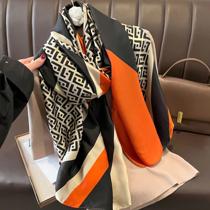 女性のための暖かいシルクスカーフ,サテン仕上げのショール,人気のプリントが施されたヒジャーブ,高級ブランド,ファッショナブルなデザイン,4シーズン,180x90cm