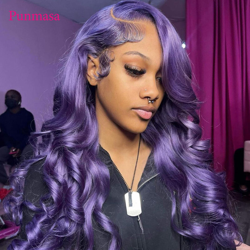 Punmesa-女性のための波状のかつら,自然な人間の髪の毛,透明なレースのキャップ,紫,ブラジルの髪,密度200%,13x4, 13x6