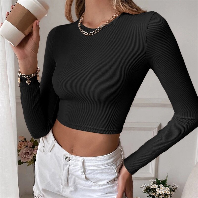 Sexy Open Back Short Top With Slim Fit Knitted Full sleeved casual T-shirt For Wearing On The Outside Sports Fitness Base Shirt