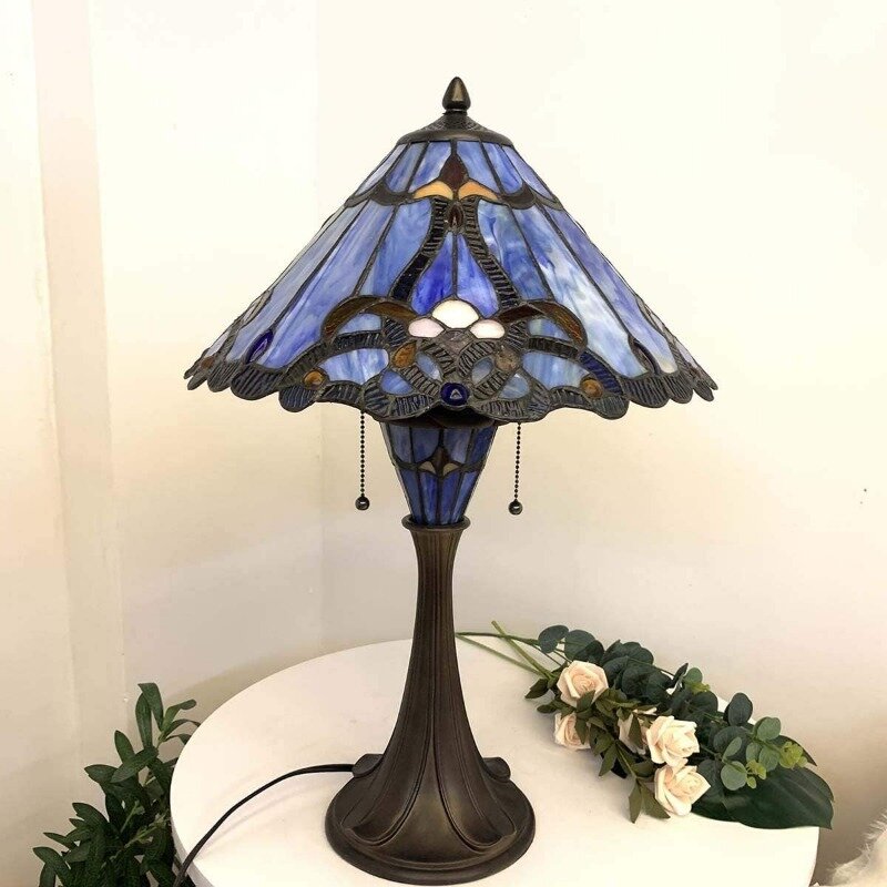 مصباح طاولة زجاجي ملون beye ، مصباح مزدوج بلون أزرق ، 16 "واسعة ، طويل القامة ، على الطراز الباروكي ، L10684