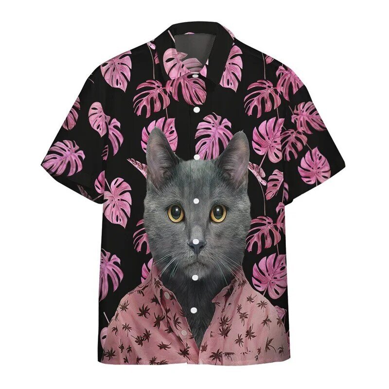 남성용 레트로 고양이 트로픽 알로하 셔츠, 3D 프린트 동물 반팔 스트리트웨어, 단추 블라우스, 오버사이즈 라펠 하와이안 셔츠
