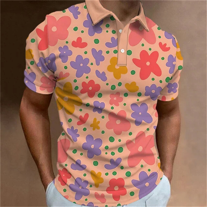 Gładka męska koszulka Polo moda 3D nadruk kwiat wzór klapy krótki rękaw Top lato nowy rekreacyjny oddychająca odzież uliczny