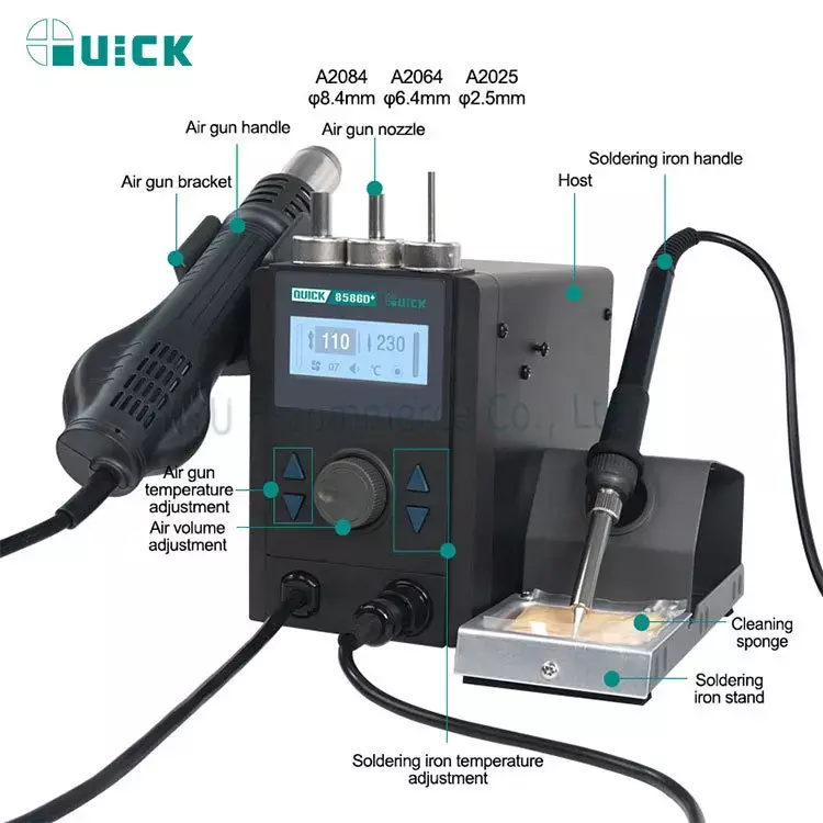 QUICK 8586D + stazione di saldatura ad aria calda 2 In 1 Smart Sleep LCD Display digitale saldatrice macchina di rilavorazione BGA SMD strumento di riparazione