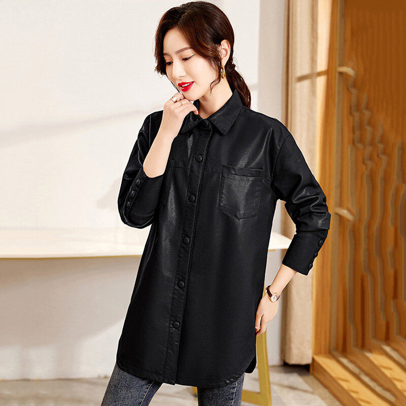 New Women Spring Autumn Shirt Style Leather Coat Casual Fashion Turn-down Single Breasted Simplicity Loose Jacket Split Leather