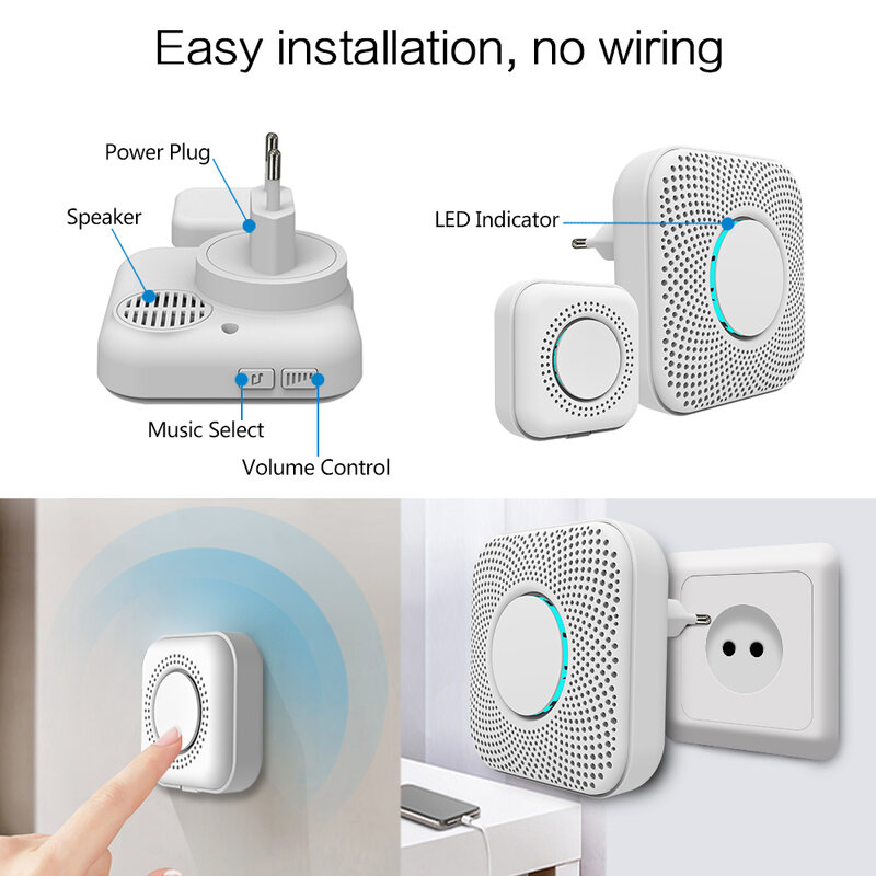 PGST Outdoor Wireless Doorbell Plug-in Mini Smart Home Electronic Doorbell Set With LED Lights 36 Ringtones Suitable For Family