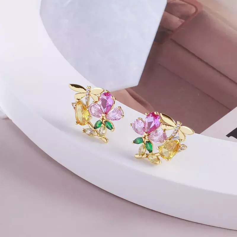 Euramerican Accessories Wholesale Color Zircon Pastoral Flowers Series Romantic Flowers Dragonfly Design Earrings