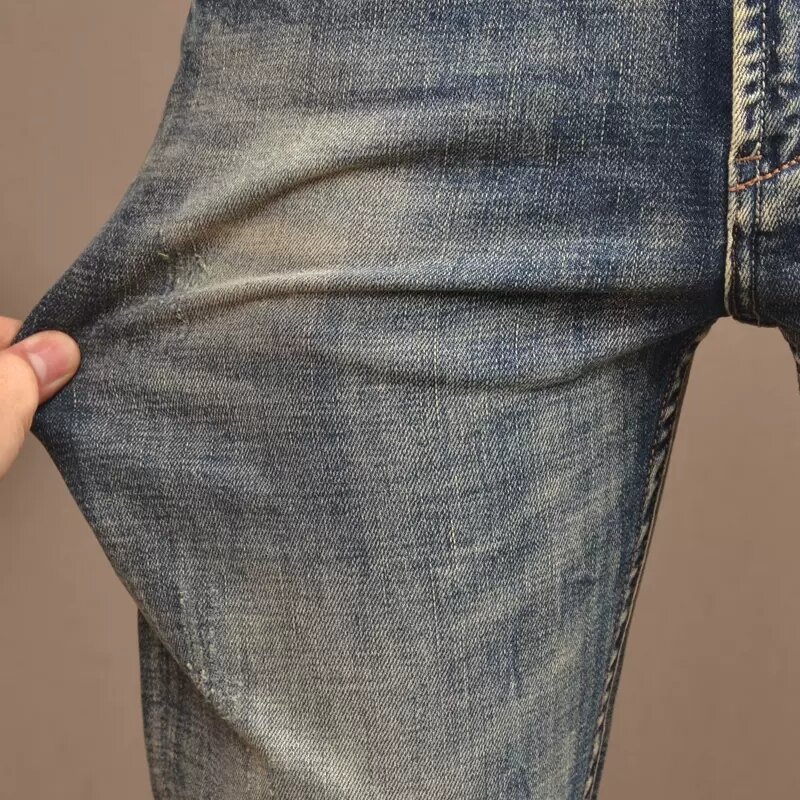 Jeans Pria Desainer Fashion Jeans Sobek Pas Badan Ketat Kuning Biru Retro Kualitas Tinggi Celana Denim Kasual Vintage Pria Hombre