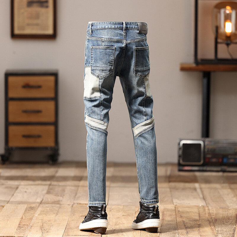 2024 high-end jeansy męskie przeszyte modne Retro spersonalizowany projekt uliczne Slim Fit obcisłe spodnie motocyklowe