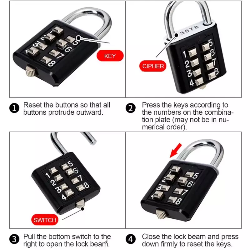 Gym Padlock With Code Button Combination Security Padlock 8 Digits Digital Code Padlock Small Locker Lock For Fence Students NEW