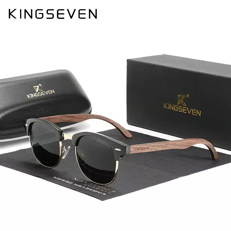 Kings even handgemachte schwarz walnuss holz sonnenbrille männer polarisierte uv400 schutz halb randlose retro brillen frauen oculos